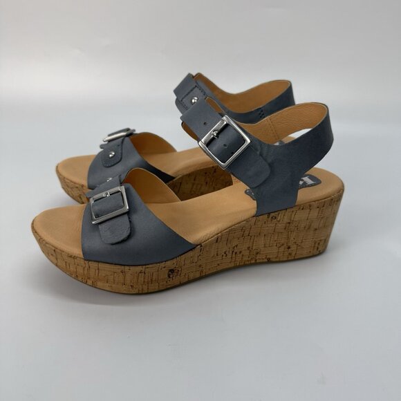 Korks by Kork‑Ease Blue Leather Buckle Wedge Sandals Womens Size 7 Comfort Style - Picture 2 of 15